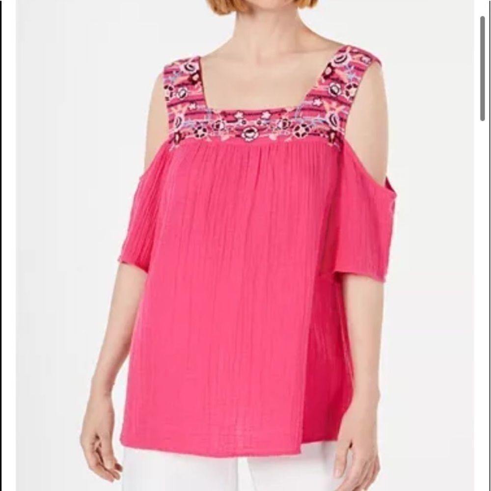Style & Co Embroidered Cold-Shoulder Top women’s size small